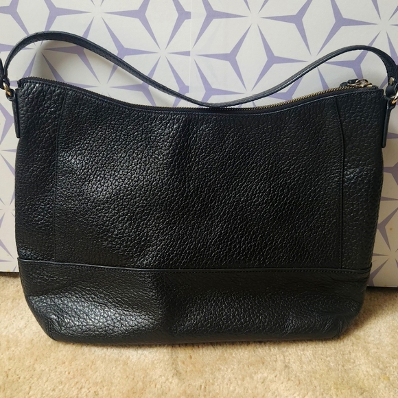 Kate Spade Black Leather Shoulder Bag Pebbeled Black Leather Striped Interior - Picture 7 of 9